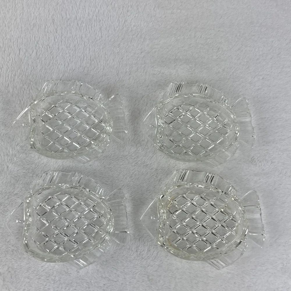VTG Czechoslovakian Cubist Clear Glass Fish Ashtray Petite Set of 4, 4”